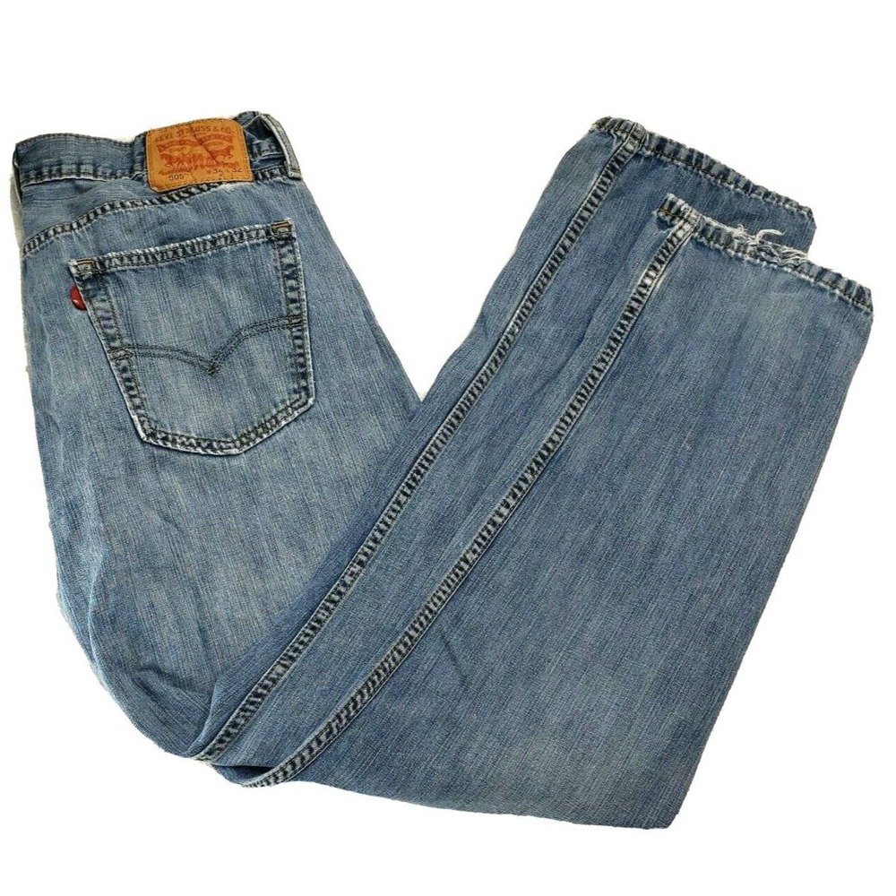 Levi’s 505 Jeans Mens Adult Size 34x32 34x30 Blue Denim Diistressed Light Cotton